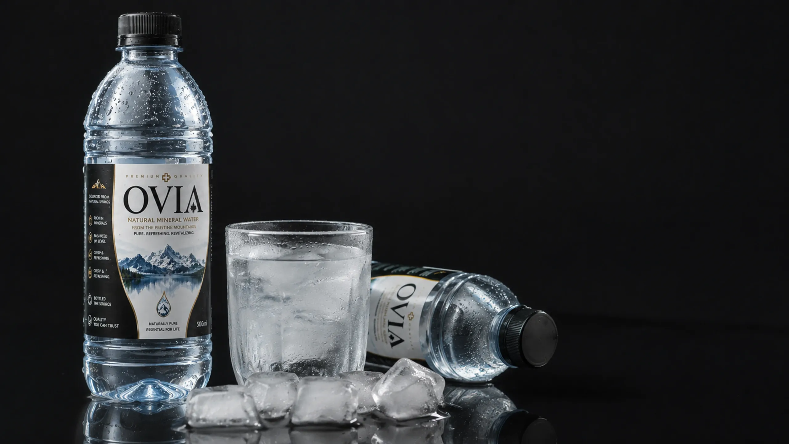 A glass of crystal-clear OVIA water over ice