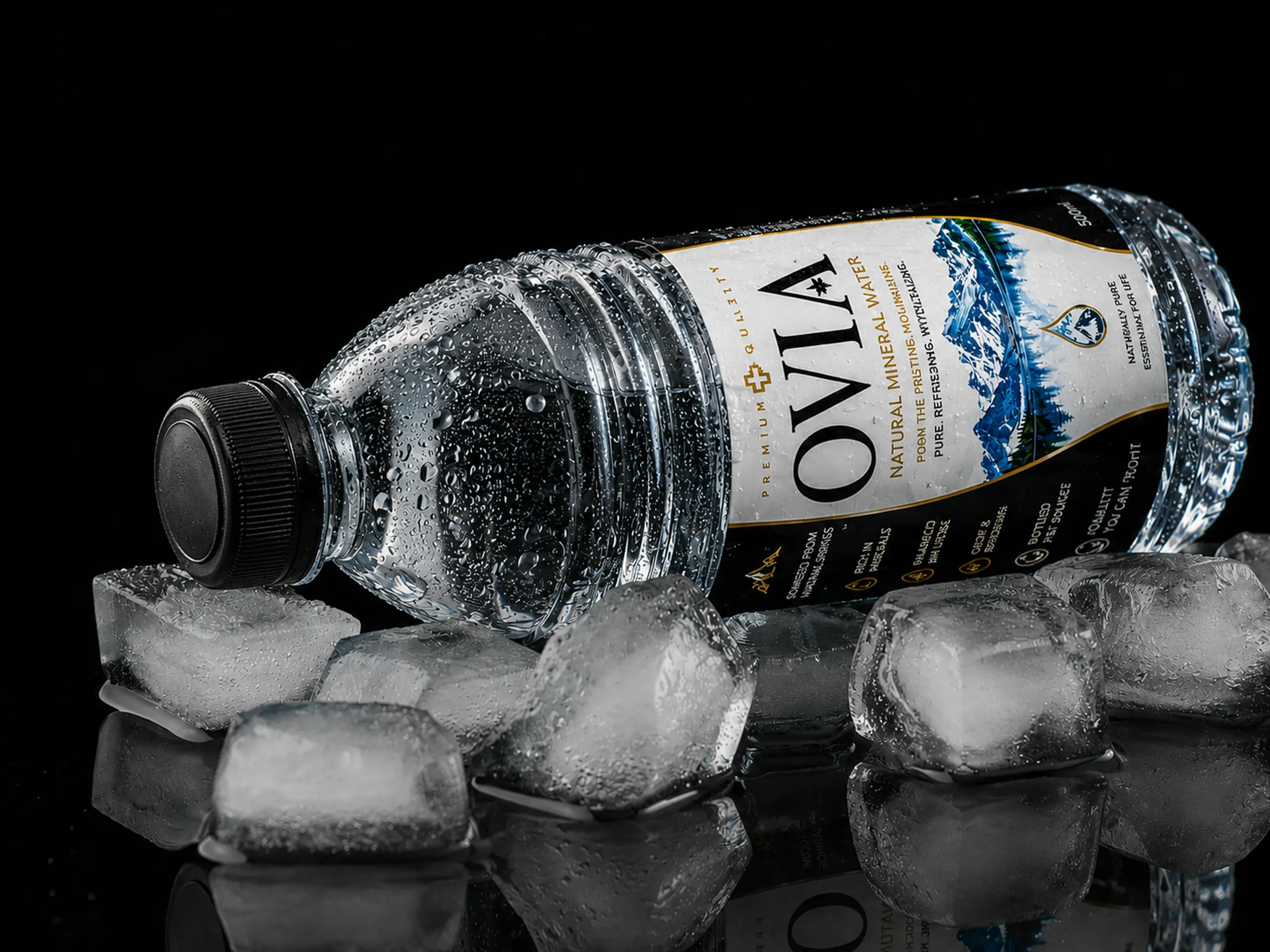 An OVIA bottle chilled in crystal-clear mountain ice