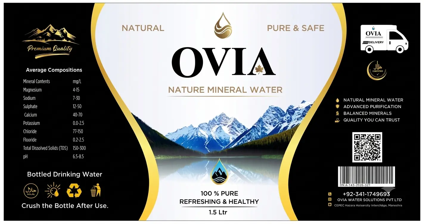 The OVIA natural mineral water label, showing mineral composition, certifications, QR code and company details